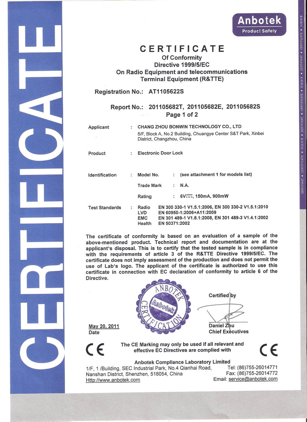 CE certificate for Bonwin Electronic Door Lock