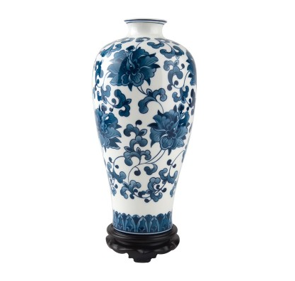 手绘骨瓷花瓶-釉下青花大富贵瓶（带木托）