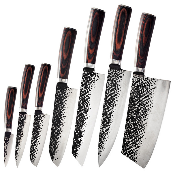 工厂直销厨房刀具厨师刀捶纹锻打套装刀质量保证一手好货源