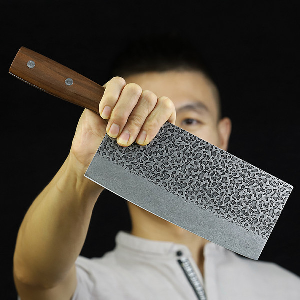 高硬度中式传统锻打切肉刀实木柄不锈锰钢万用切片斩砍剁骨切菜刀