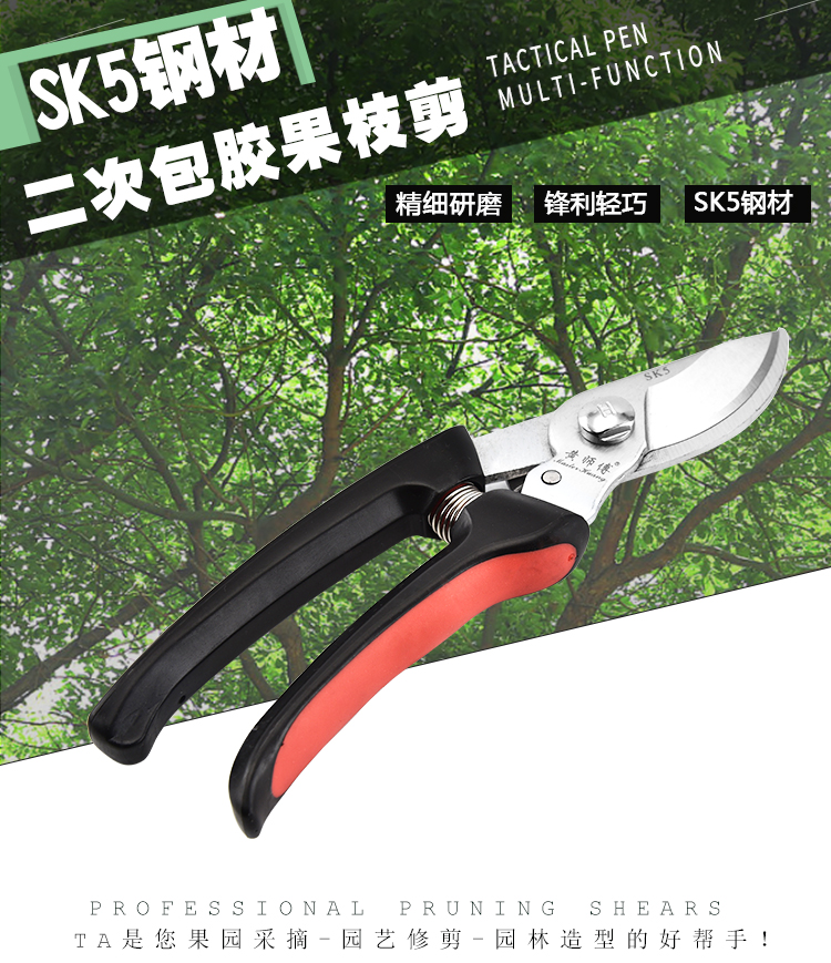 厂家直销SK5锰钢果树花艺修枝剪刀 强力弹簧 果枝剪园艺园林工具