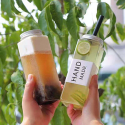 方形500ml一次性網(wǎng)紅奶茶飲料咖啡鮮榨果汁塑料PET瓶四方冷泡茶瓶
