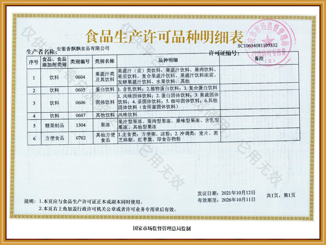 食品生产许可品种明细表