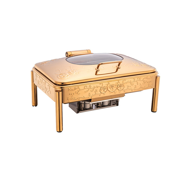 FULL SIZE EMBOSSED CHAFING DISH WITH GLASS WINDOW LID-DAMPING HINGE(GOLDEN)   1/1方型玻璃盖镀金花纹餐炉   A10082-1G/A10082-1GA