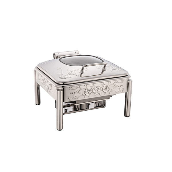 2/3 SIZE EMBOSSED CHAFING DISH WITH GLASS WINDOW LID-DAMPING HINGE   2/3方型玻璃盖花纹餐炉   A10085-1/A10085-1A