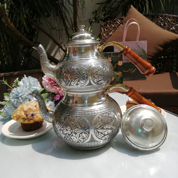 土耳其红茶壶子母壶银色雕花手工打造铜制厚重奥斯曼茶具