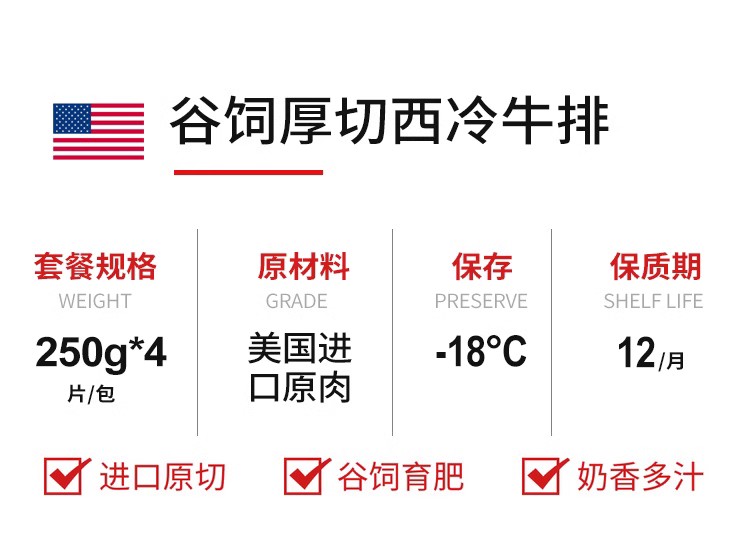 美国进口原切 谷饲西冷牛排 1KG