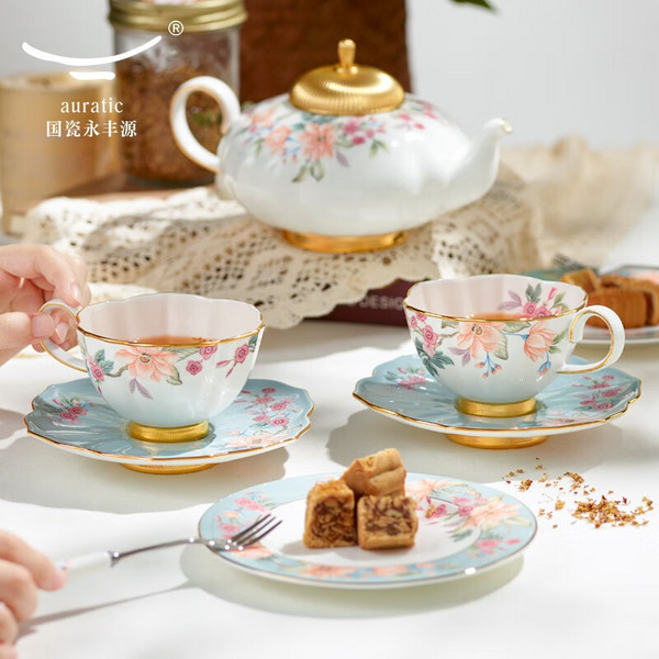 國(guó)瓷永豐源Auratic天青時(shí)代26頭茶咖具精致下午茶陶瓷杯碟 輕奢描金茶咖杯26頭茶咖具
