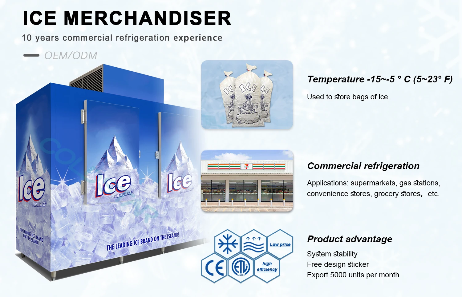 Ice Merchandiser Outdoor Slanted Solid Door Bagged Ice Storage Freezer