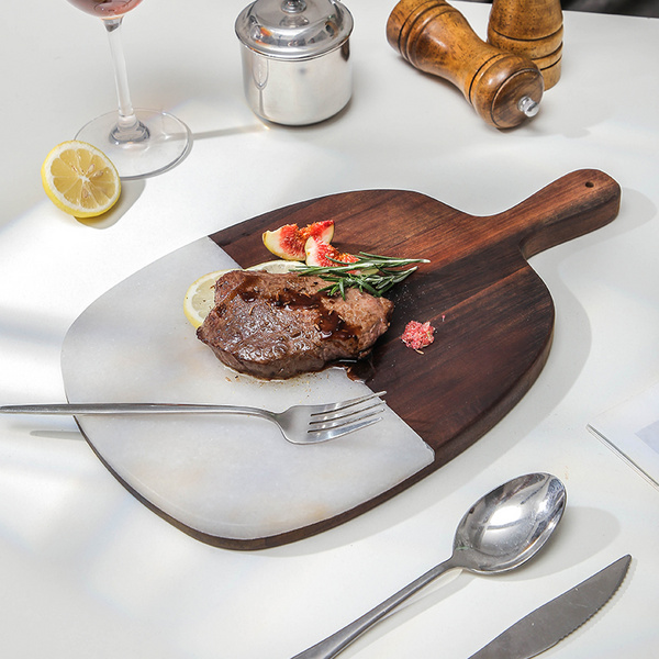 创意带把手西餐摆盘 天然白色大理石内嵌相思木