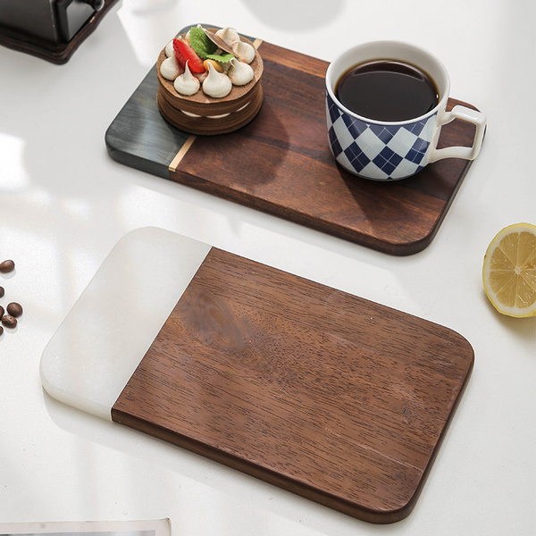 经典小尺寸长方形餐盘摆盘  天然墨绿色 白色 大理石内嵌相思木