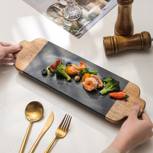 美式餐盘摆盘天然  黑色大理石内嵌相思木