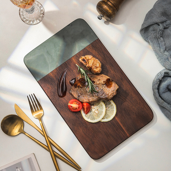 经典小尺寸长方形餐盘摆盘  天然绿色 大理石内嵌相思木