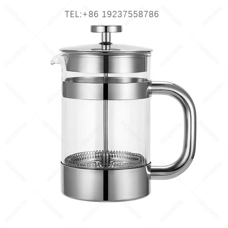 Highwin凱宇高硼硅玻璃帶螺桿法壓壺，不銹鋼金屬框沖茶器，0.35L/0.8L/1.0L可定制顏色logo容量