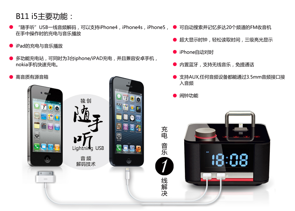 B11 i5 床头 音箱  闹钟 时钟   iPhone5/5s适用